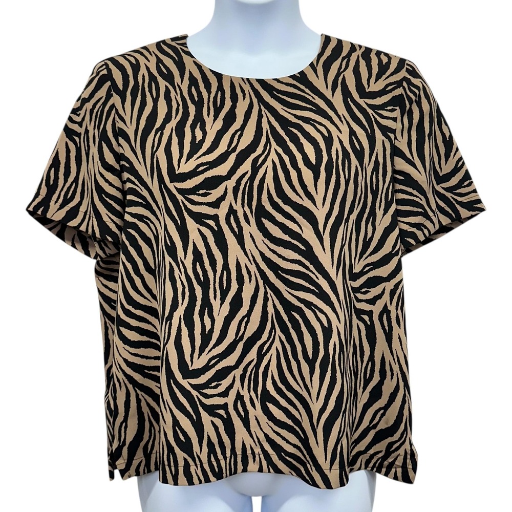 Drapers Studio Shirt Womens XL Black Zebra Print Short Sleeve Top Safari‎